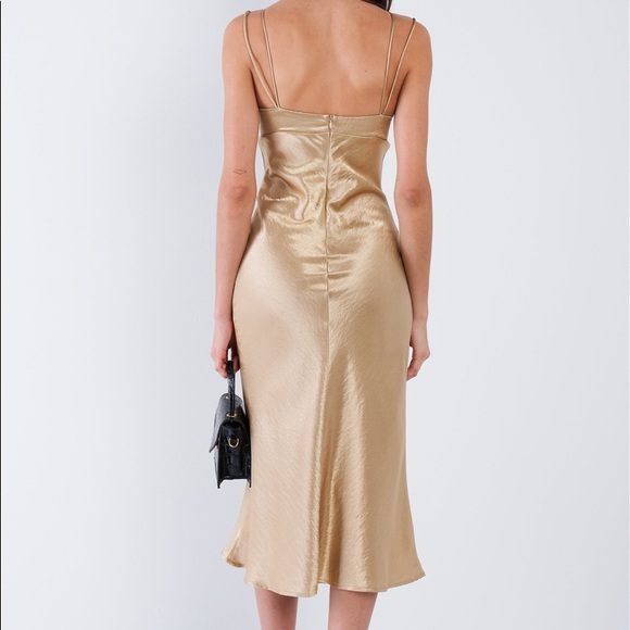 ⭐️Golden Satin Strappy Ruffle Midi Summer Dress⭐️ - Picture 5 of 7